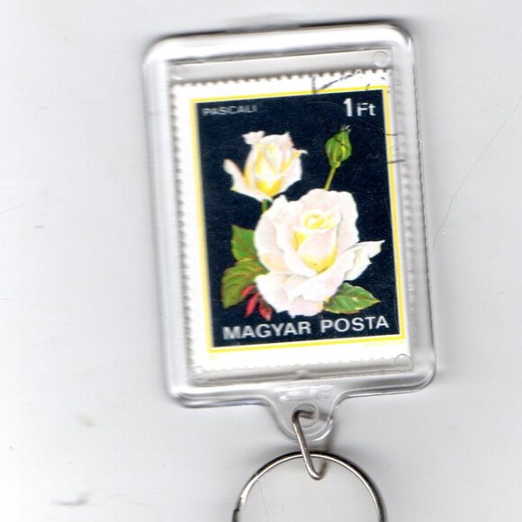 Collectible Postage Stamp Key chain - Two Elegant Roses Key Ring - Picture 1 of 4